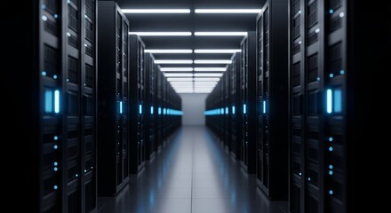 Obraz premium Premium server racks in data center with blue lights for computing power and storage needs