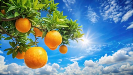 Vibrant orange fruit hanging from a branch of a lush green tree with intricate leaves and stems
