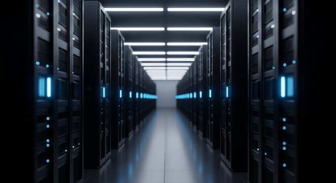 Premium server racks in data center with blue lights for computing power and storage needs - Powered by Adobe