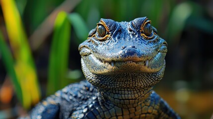 Fototapeta premium Close Up Portrait of a Young Alligator with Detailed Scales and Amber Eyes in Blurred Green and Brown Vegetation