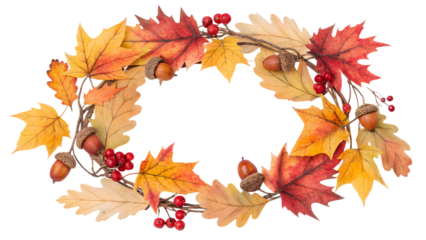 Autumn Botanical Wreath with Maple, Oak Leaves, Acorns and Berries – Transparent PNG
