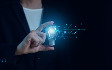 Hand of  holding illuminated light bulb, Idea innovation and inspiration concept.  creativity with...