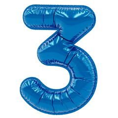 Blue Balloon Number 3 3d render icon in cartoon plastic style minimal isolated on transparent white background	
