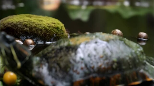 Focused river cooter turtle resting near snails and berries, covered in dewdrops on its carapace in soft natural light.