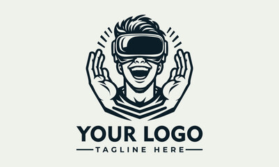 Cheerful person wearing a virtual reality headset and holding a game controller with abstract digital elements. Gaming and technology concept