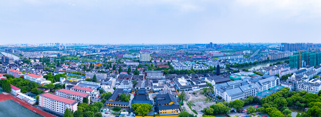 Aerial view of Shanghai Sijing Ancient Town on sunny day, One of the most famous ancient towns in Shanghai.