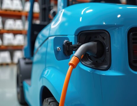 Electric forklift charging inside warehouse. EV power car in industrial business concept. Pallet of white small bag blurred at background. Logistics management, alternative energy efficient storage,