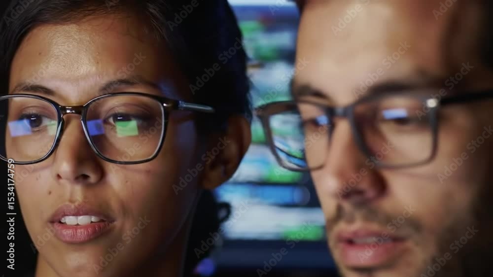 Poster close up of two computer scientists in front of computer screen with reflection in glasses in a dark