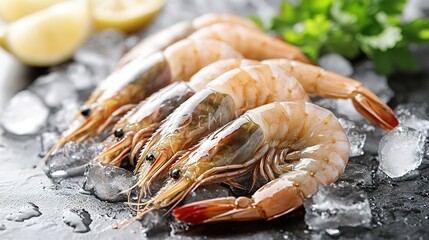 Fresh raw shrimp on ice with lemon slices and herbs in the background, showcasing seafood ready for cooking or serving.