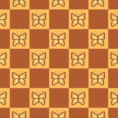 Seamless pattern with butterflies on a chessboard. Vector illustration.