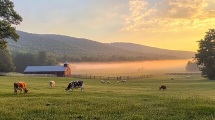 Serene sunrise over a misty pasture with cows grazing near a barn and fence.