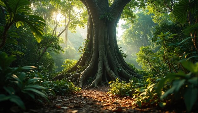 Huge kapok tree at Amazon rainforest, surrounded by rich green plants, various plant species. Green environment with sunlight, path. Forest nature, leaf, foliage, summer, jungle trail. Nature,