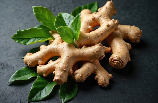 Fresh ginger root with green leaves on dark table. Spice ingredient for cooking. Healthy herb with strong flavor used in Asian medicine. Diet seasoning for meals with rich taste.