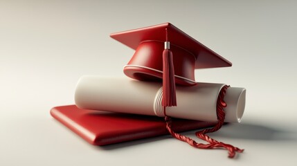Graduation Cap and Diploma Scroll with Leather Cover in Deep Red Color on Light Background