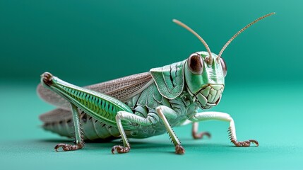 Fototapeta premium Green Grasshopper Close Up on Teal Background