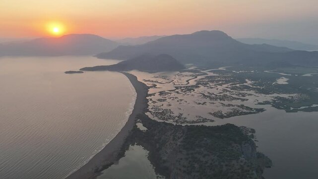 Aerial drone view of Dalyan delta and Iztuzu beach. Turkey. 4K
