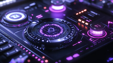 Close-up of a DJ Controller with Illuminated Knobs and Buttons