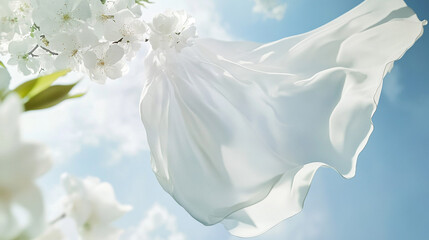 white gown floating , clean inspired background
