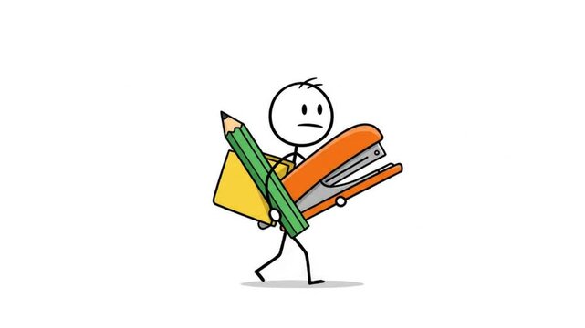 Stick figure carrying office supplies cartoon character walking with pencil folder and stapler