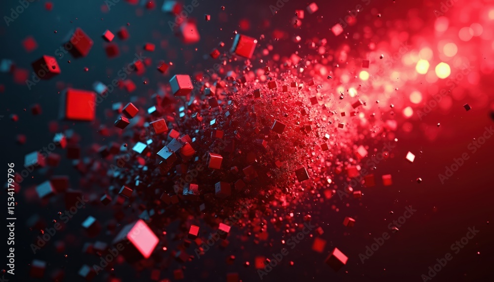 Poster Abstract art anti-tracking spyware software dismantling. Red cubes, particles in motion. Digital tech concept for data privacy cybersecurity protection, innovative digital technology, background.
