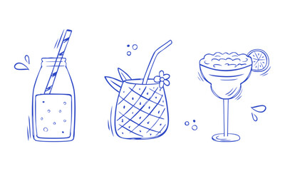 Set of summer cocktails isolated on white background. Illustration of three cocktails in doodle style. Hand drawn collection of drinks and cocktails. Vector illustration 