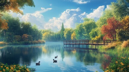 Obraz premium Serene autumn landscape calm lake, wooden dock, colorful trees, ducks swimming.