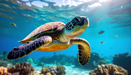Obraz premium Underwater shot of turtle’s head turning gracefully