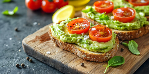 Avocado Toast with Cherry Tomatoes on Wooden Board, ai generated.