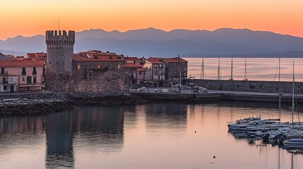 Fototapeta premium Serene sunrise over a coastal town with a medieval tower, harbor, and tranquil waters reflecting the pastel sky
