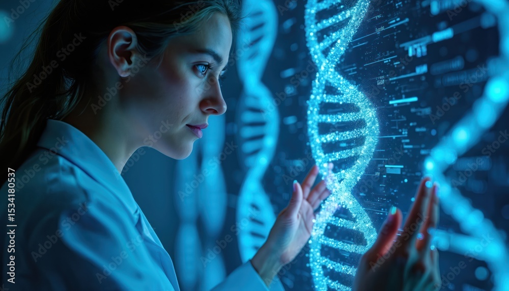 Poster medical researcher analyzes ai generated dna helix data. scientist exploring innovative genomic data
