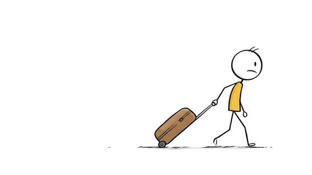 Stick figure character pulling suitcase animation illustration
