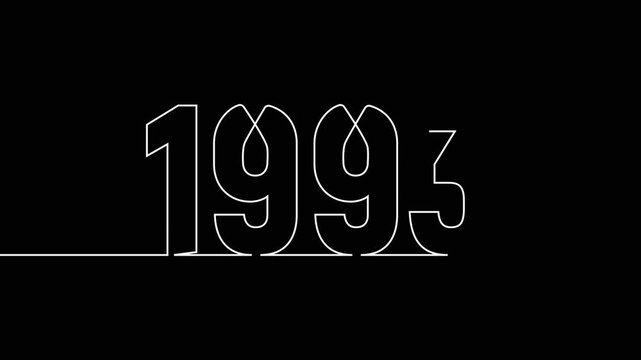 1993 new year continuous line art clip self drawing animation on white black background. single one line art written outline sketch illustration 1993 year numbers video