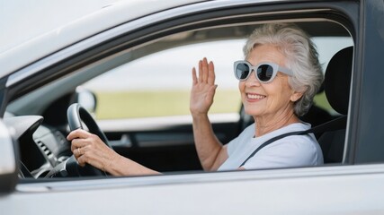 Elderly woman driving a car and waving, wearing sunglasses