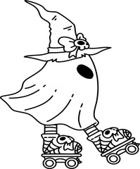 Hand drawn groovy ghost playing roller skate outline