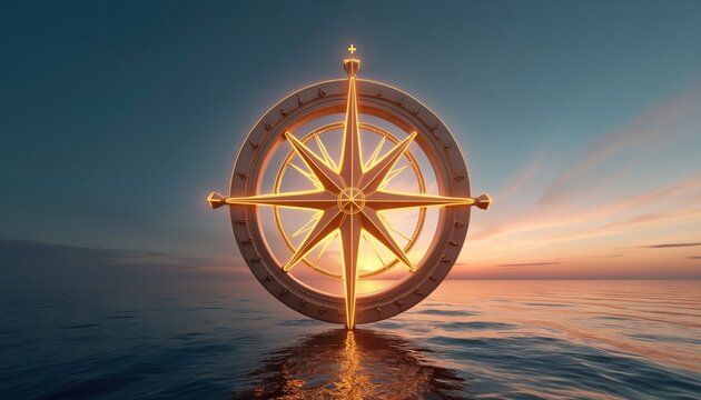 Holographic compass emblem over ocean landscape at sunset. Directional navigation design graphic visual with golden light reflecting in water, horizon, sky. Illustration about travel, exploration,