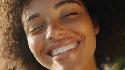 Radiant Joy A Beautiful Black Woman's infectious Smile and Closed Eyes