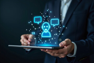 Businessman holding tablet with ai agent chatbot and digital interface technology