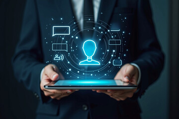 Businessman holding tablet with ai agent chatbot and digital interface technology