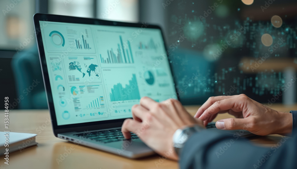 Poster Man works on laptop with data analysis charts, graphs. Business intelligence tech, digital information on screen. Finance marketing, report, strategy, performance, growth, trend, dashboard