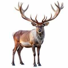 Majestic Reindeer with Large Antlers Brown Fur Isolated White Background