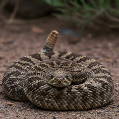 Obraz premium Coiled Rattlesnake on Desert Floor
