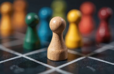 Wooden game pieces on grid board, business model innovation concept. Colorful pawns strategy, competition, leadership, fun. Game, recreation, tabletop play. Decision-making, challenge, planning.