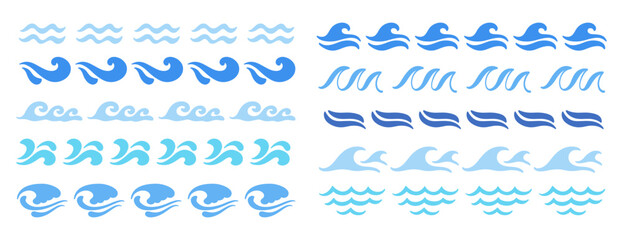 Abstract blue ocean waves line borders strokes set