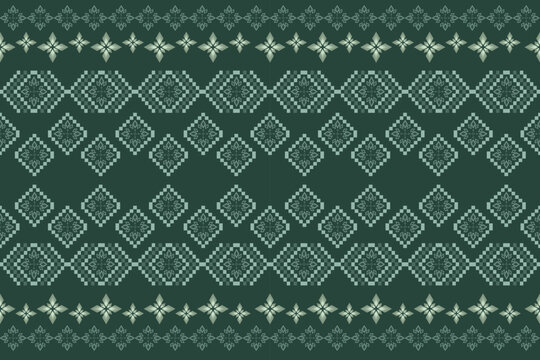 Ikat pixel cross stitch embroidery oriental traditional seamless on green background pattern. Native decorative geometry design for fabric, decoration, element, ceramic, border decor, illustration