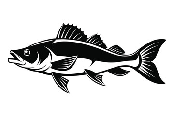 Black and white vector graphic of a walleye fish with detailed fins and scales