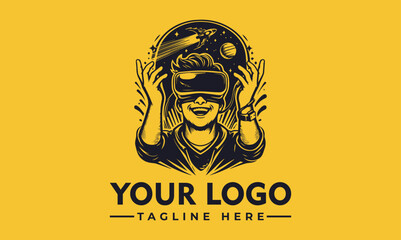 Cheerful person wearing a virtual reality headset and holding a game controller with abstract digital elements. Gaming and technology concept