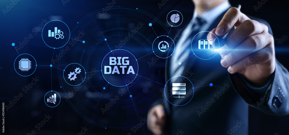 Wall mural big data analysis analytics internet technology concept. businessman pressing button on screen.