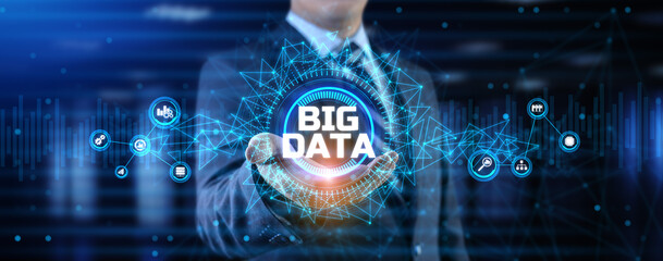 Big Data Analysis Analytics internet technology concept. Businessman pressing button on screen.