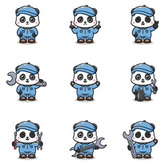 Vector Illustration of Panda Mechanic Cartoon Character. Mechanic Character Vector Illustration. Panda Character animal. Mechanic Mascot.