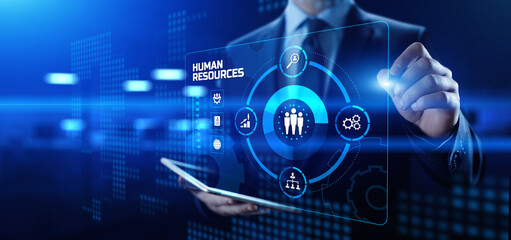 HR Human resources management Recruitment Headhunting. Businessman pressing button on screen.